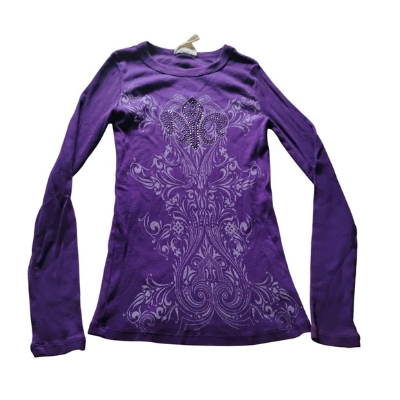 Vocal Tops - Vocal Purple Long‎ Sleeve Embellished Fleur de Lis Graphic Top Size L